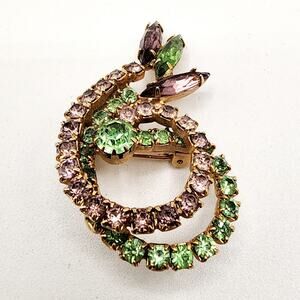 Vintage Rhinestone Brooch Swirls of Green and Smokey Purple Gold Tone Statement
